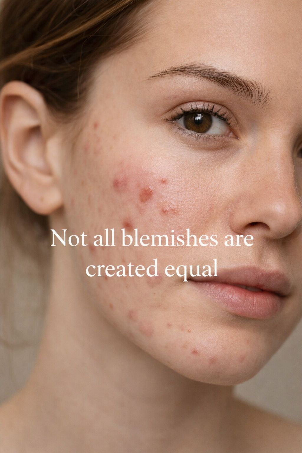 Model with acne, headline that says ‘not all blemishes are created equal’
