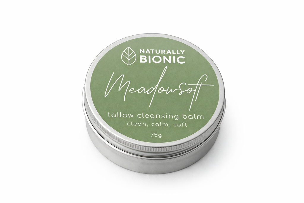 Naturally Bionic Meadowsoft tallow cleansing balm container on a white background