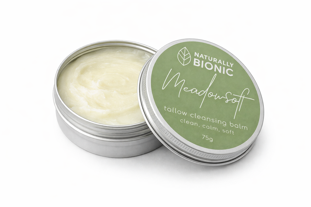Meadowsoft tallow cleansing Balm with a green label on a white background