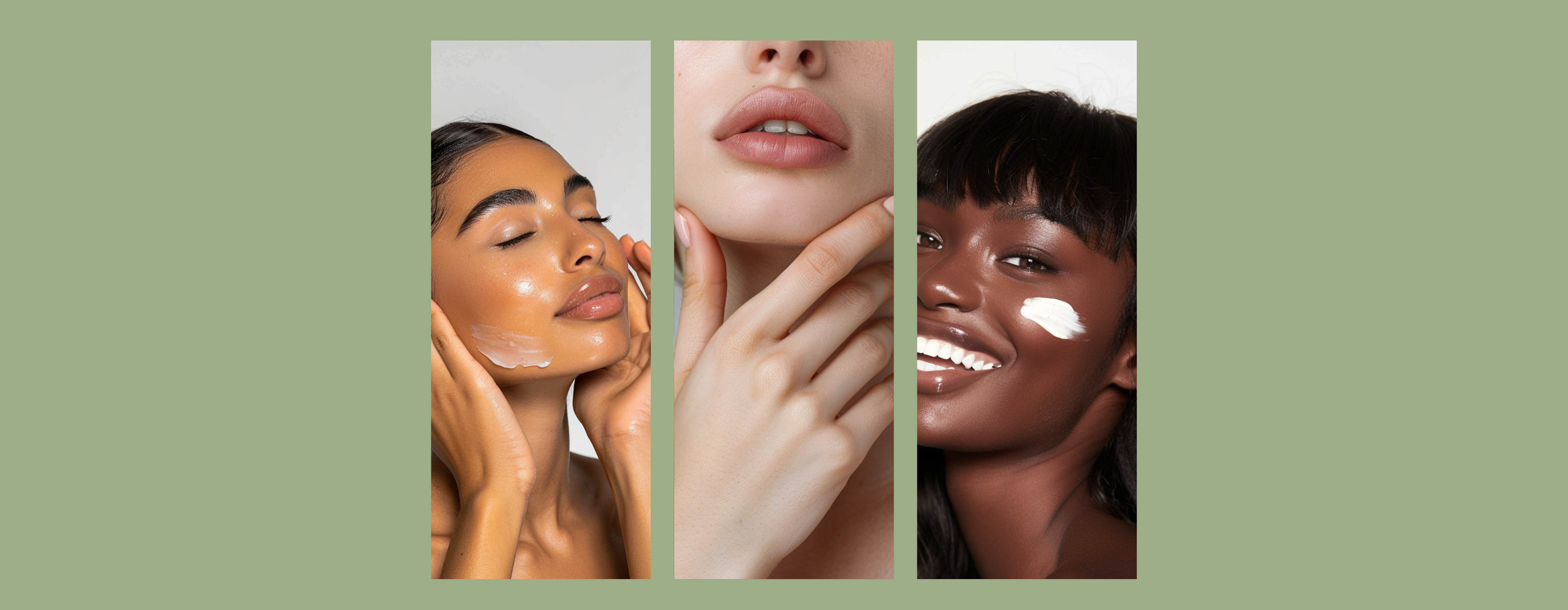 Three women applying a cosmetic product on their faces against a green background
