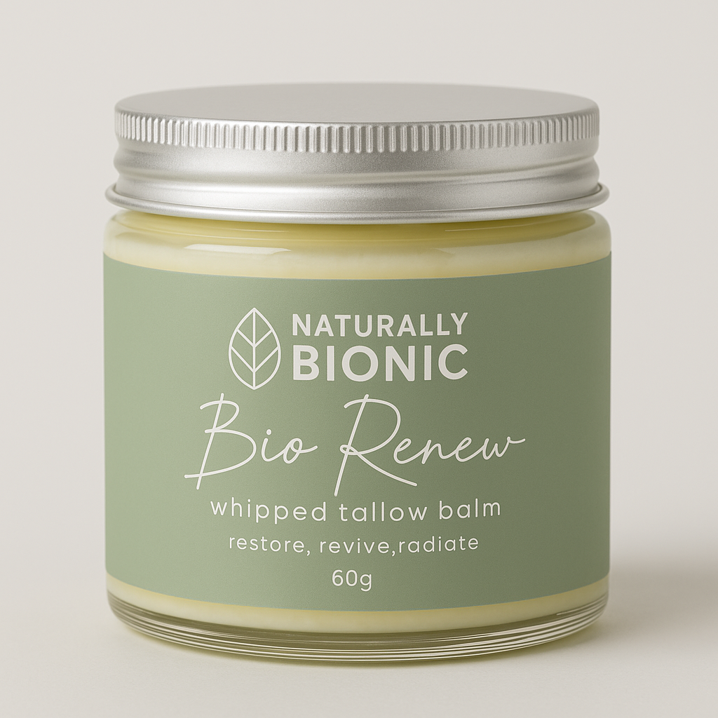 “Bio Renew Whipped Tallow Balm in a green Naturally Bionic jar with aluminium lid.”
