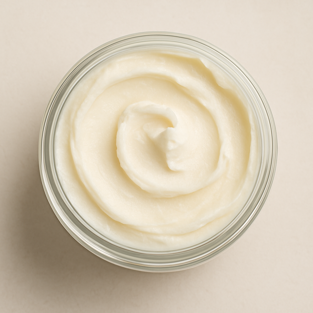 Open jar of Bio Renew Whipped Tallow Balm showing smooth whipped texture.